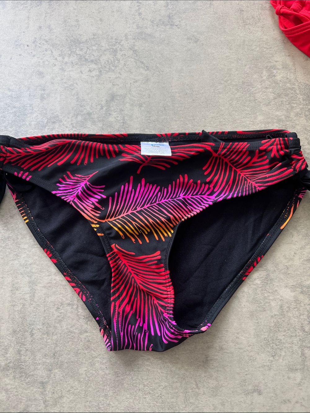 Aqua Black Bikini Bottom with Red, Pink & Orange Leaf Print